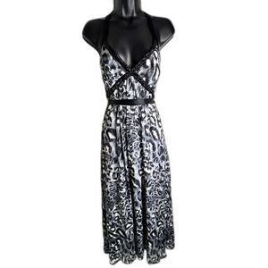 Donna Ricco Silk Beaded Leopard Print Halter Maxi Dress Sz 6 Gray Black Mob Wife